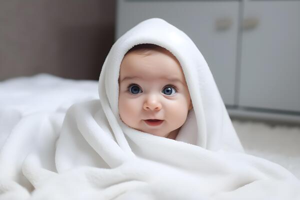 cute-white-baby-looking-out-of-a-bed-sheet-on-a-bed-photo